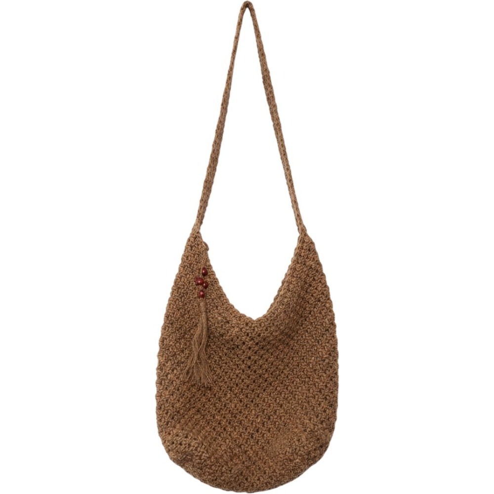 Boho Macrame Hobo Shoulder Bag Brown Cotton Woven Tassel Wood Bead Medium